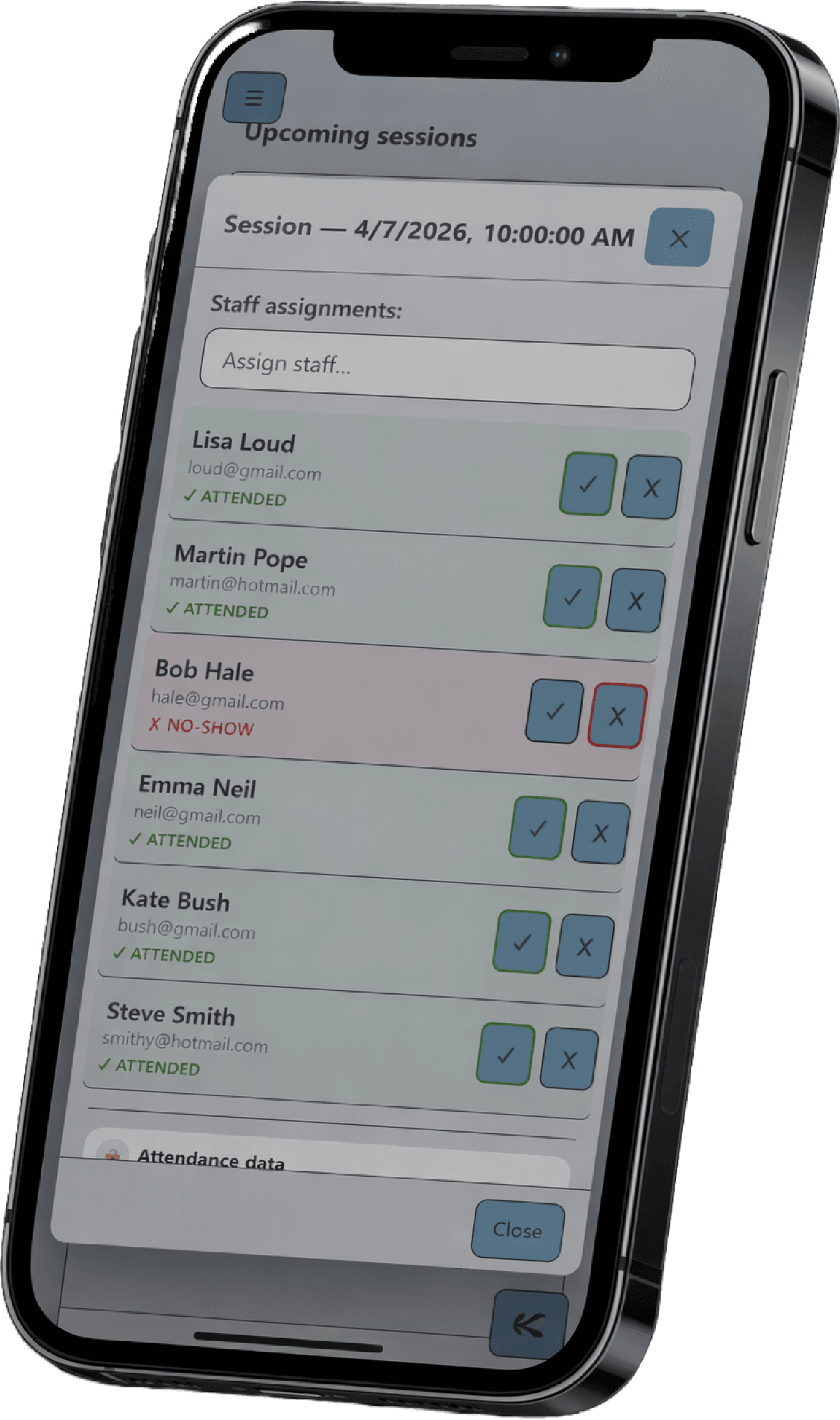 Scheduling and attendance view for a fitness and sports business
