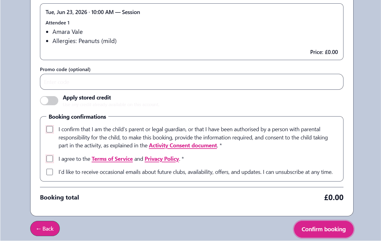 A club's branded checkout showing unbundled parental consents for terms, privacy, and medical data