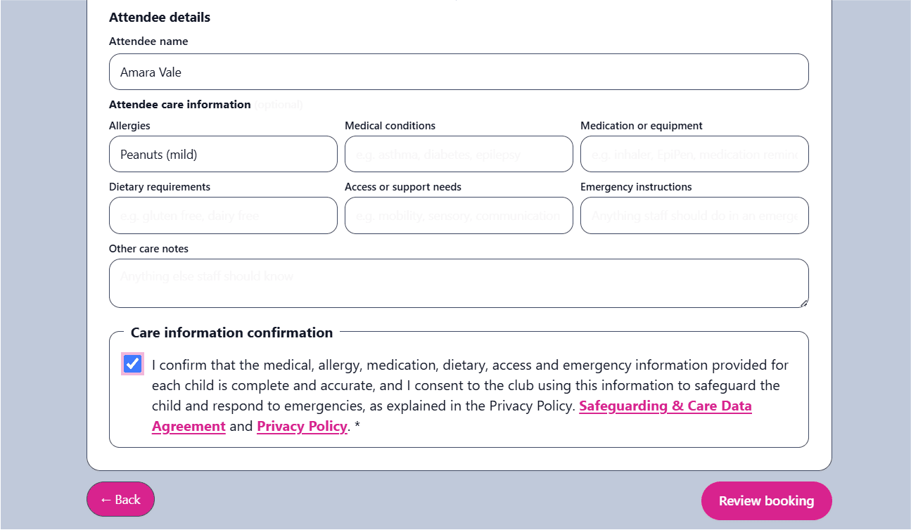 An attendee-details form bundling medical, allergy and consent fields together