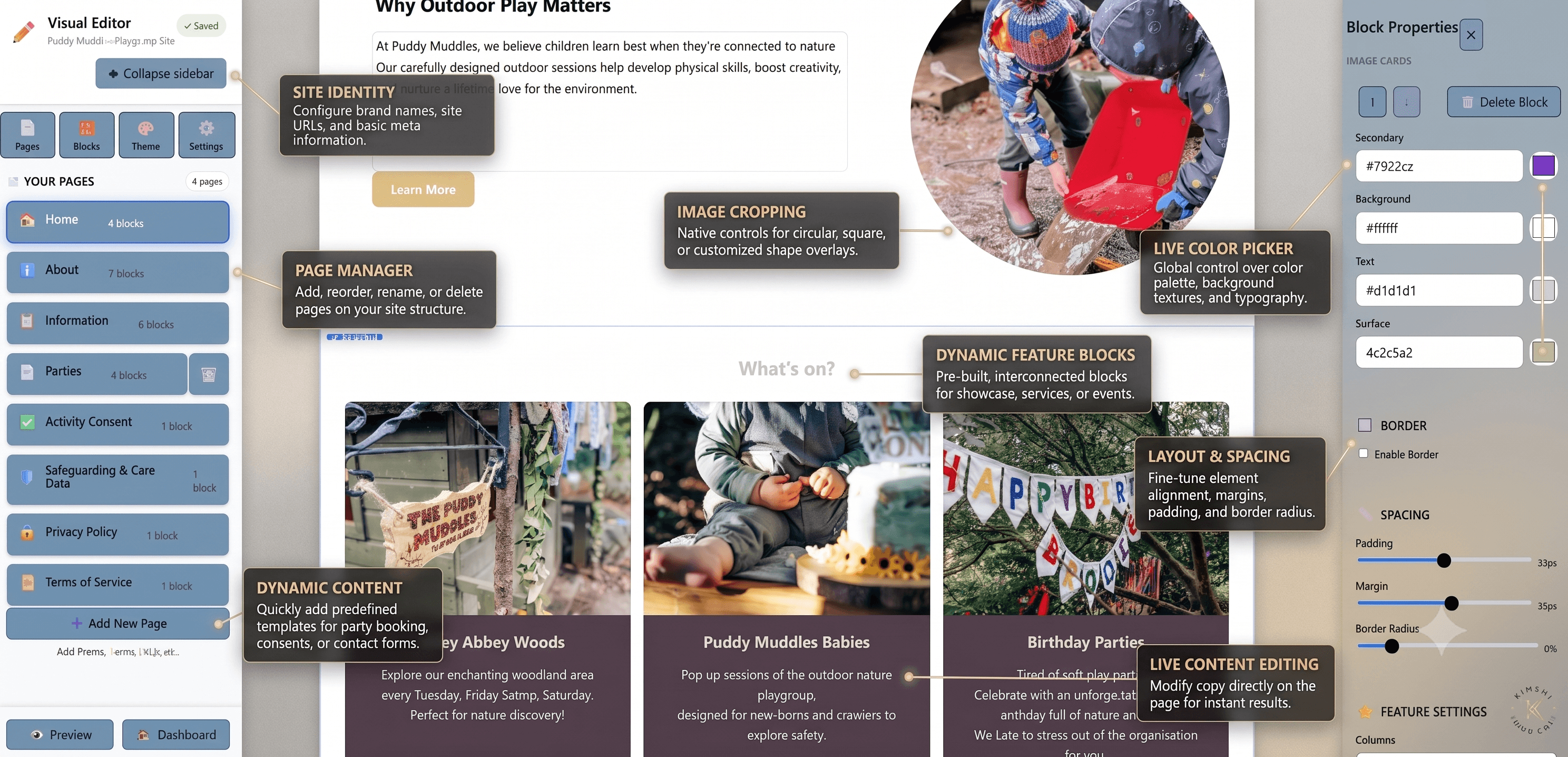 Kimshi website editor and site management screen
